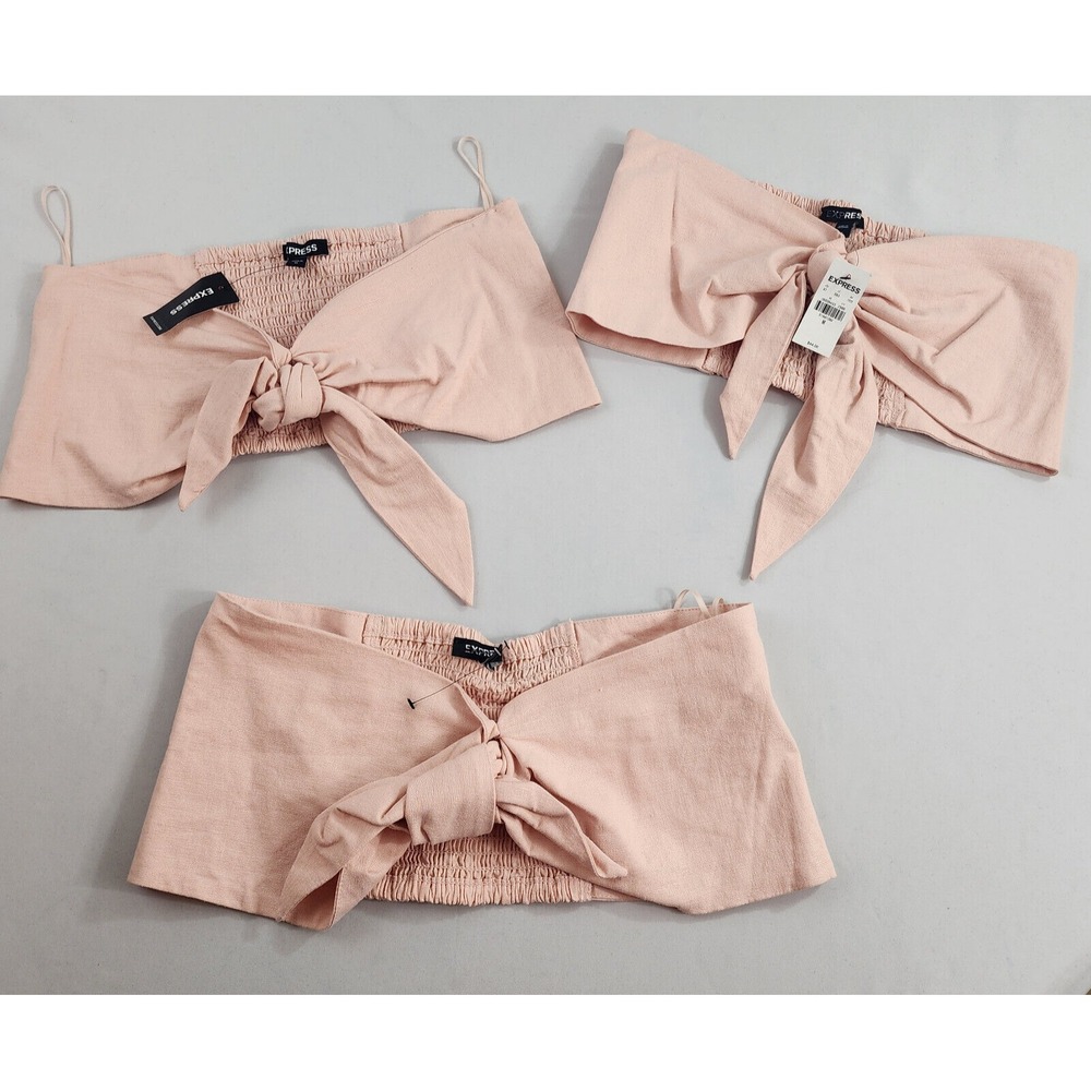 Express Pink Linen Blend Tie Front Smocked Strapless Crop Blouse Medium 31681292